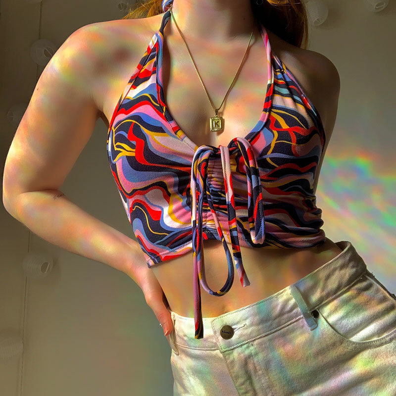 Dame Crop-Bikini-Oberteil mit Kordelzug und fargerikt design Skjora