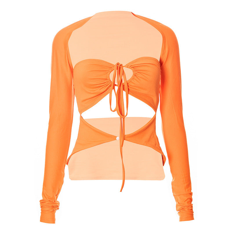 Dame langermet tanktop med kreativ cut-out og elegant innpakningsdesign Skjora