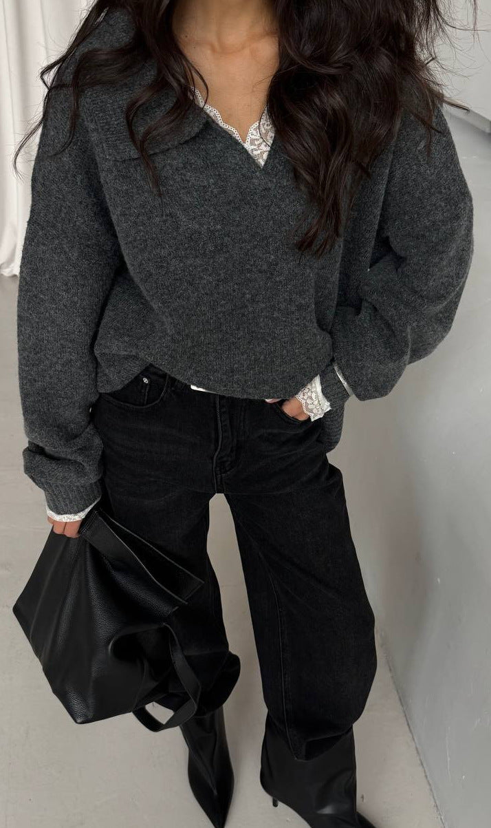 Kvinnenes uformelle oversized genser med krage Skjora