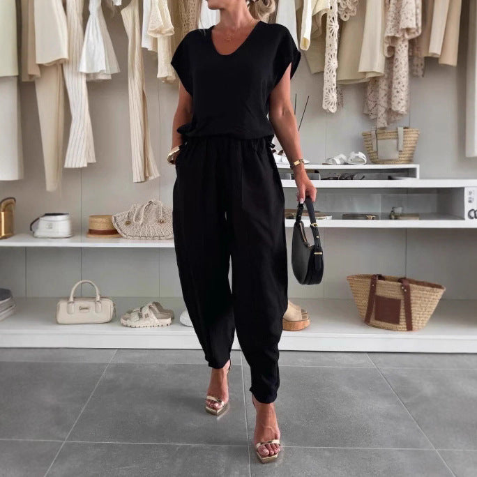 Dame Casual Jumpsuit med Elastisk Midjebånd og Lommer Skjora