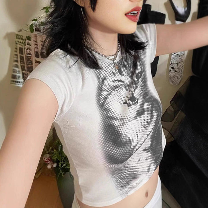 Dame Crop-T-skjorte med kreativt kattmotiv Skjora