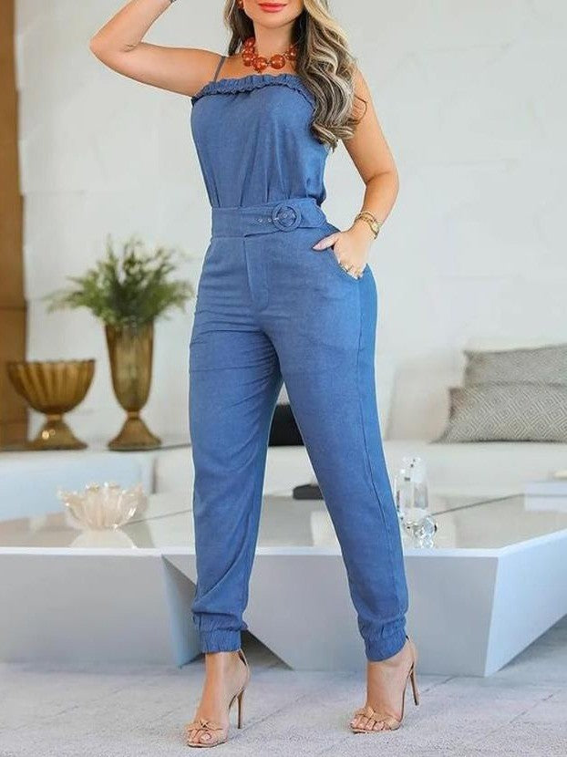 Dame casual jumpsuit med volangdetaljer og justerbart midjebånd Skjora