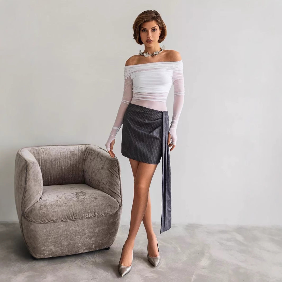 Women's Off-the-Shoulder Long-Sleeve Top made of transparent mesh material Skjora