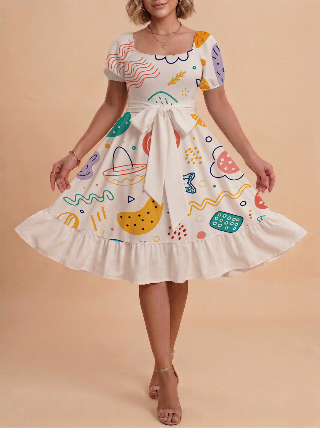Damen Sommerkleid mit floralem Puffärmel und taillierbarem Gürtel Skjora