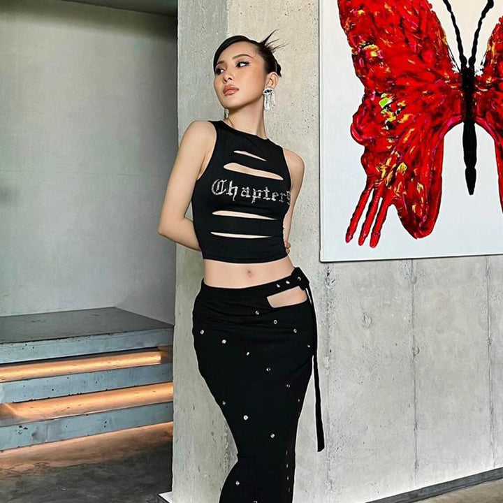 Dame off-shoulder cut-out topp med glitrende trykk Skjora