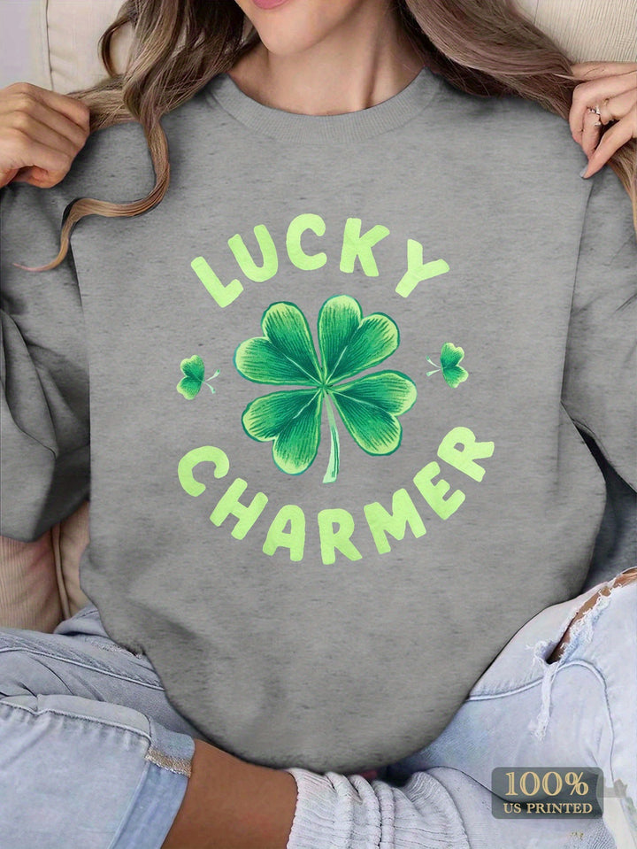 Dame sweatshirt med trendy kløverdesign og inspirerende tekst Skjora