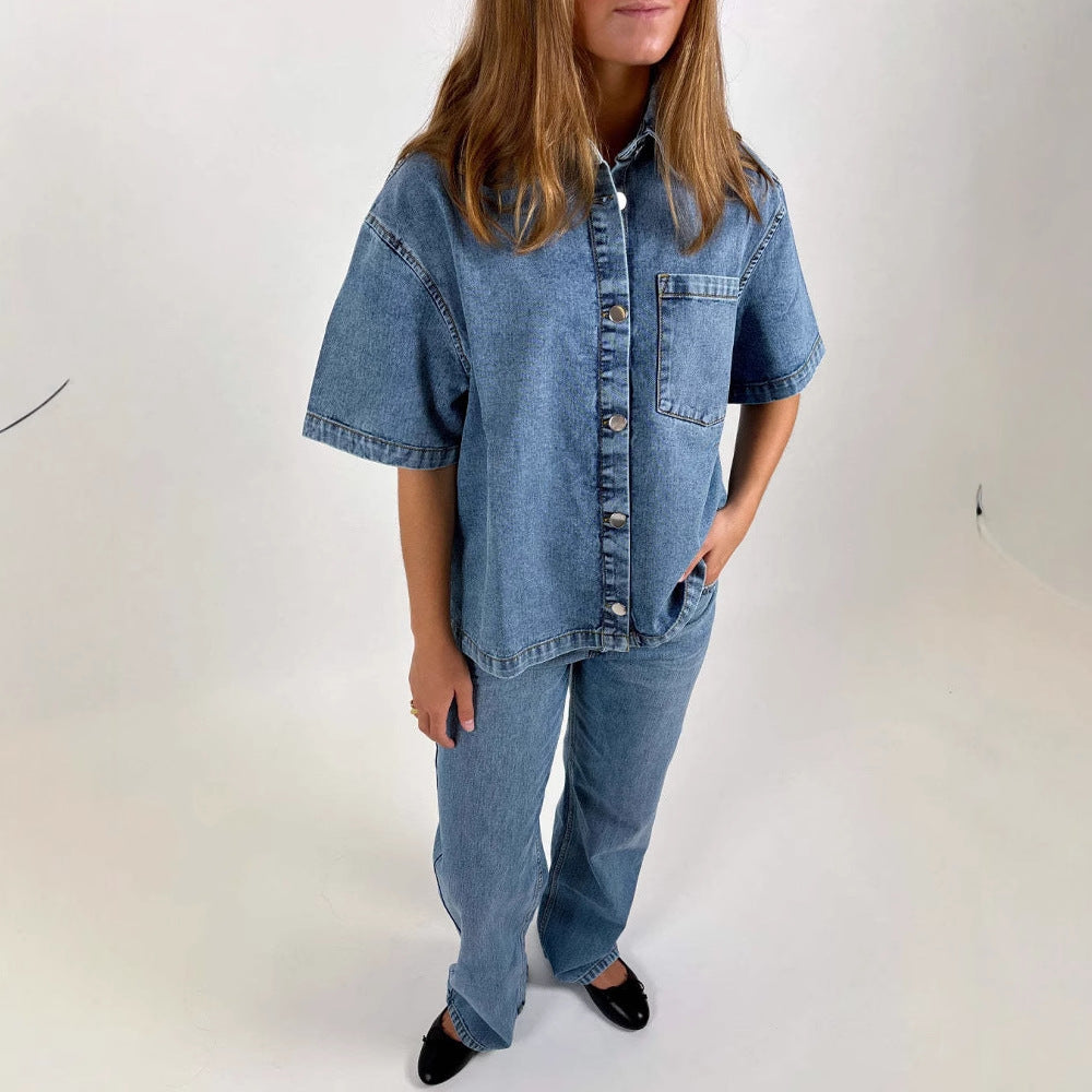 Dame Denim-Skjortejakke i avslappet oversize snitt Skjora
