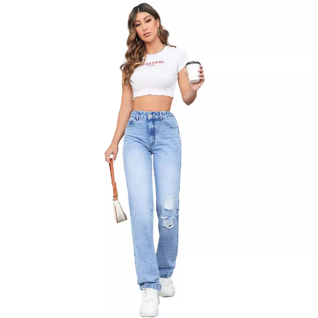 Damen høye jeans i avslappet vintage-stil med stilig destroyed-effekt Skjora