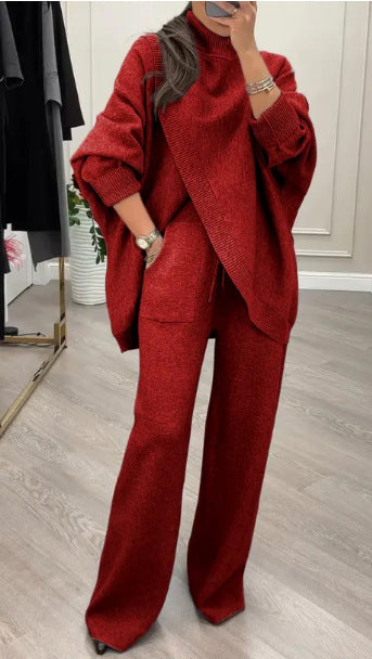 Kvinnelig Cozy Knit Ensemble med Oversized Genser og Vide Bukser Skjora