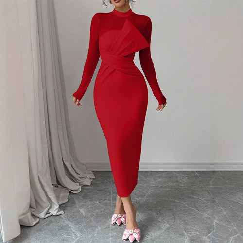 Damer Elegant Langermet Midi-Kjole med raffinerte draperinger og kroppsbetont silhuett Skjora