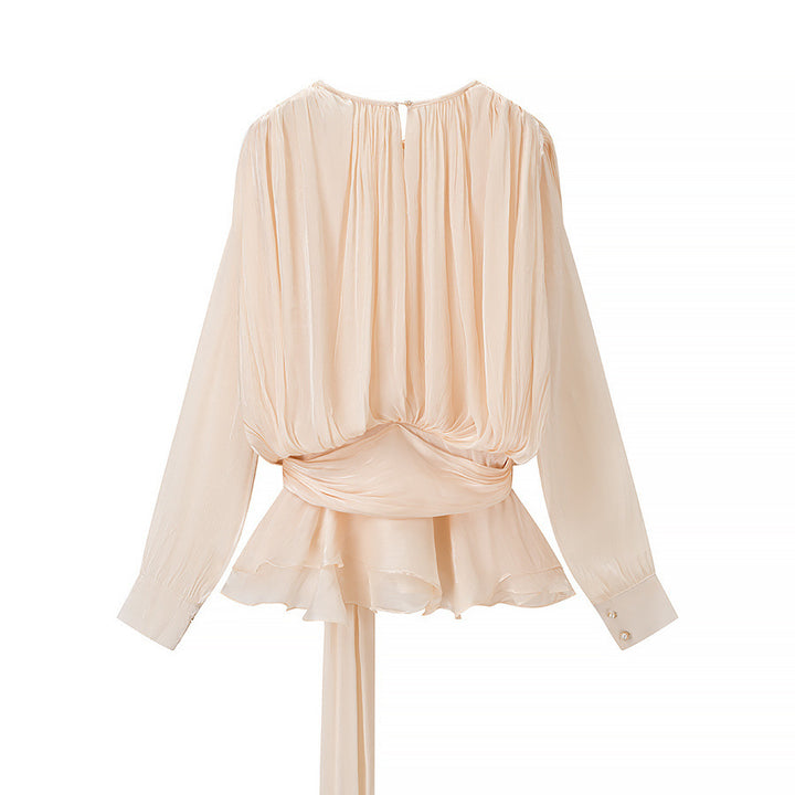 Damer Elegant Bluse med Volanger og Bundet Belte Skjora