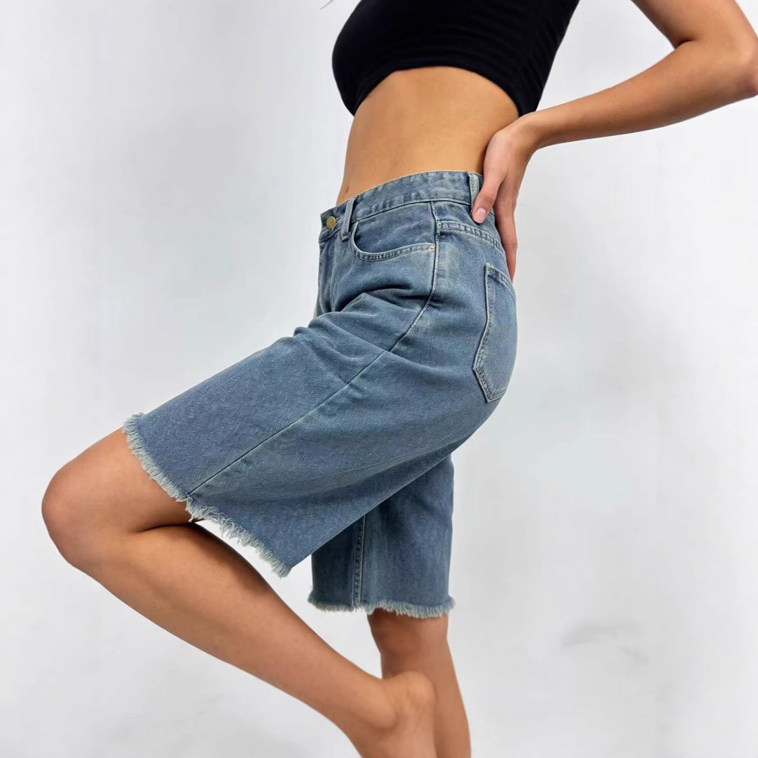 Dames casual denim-shorts med frynset kant og høy midje Skjora