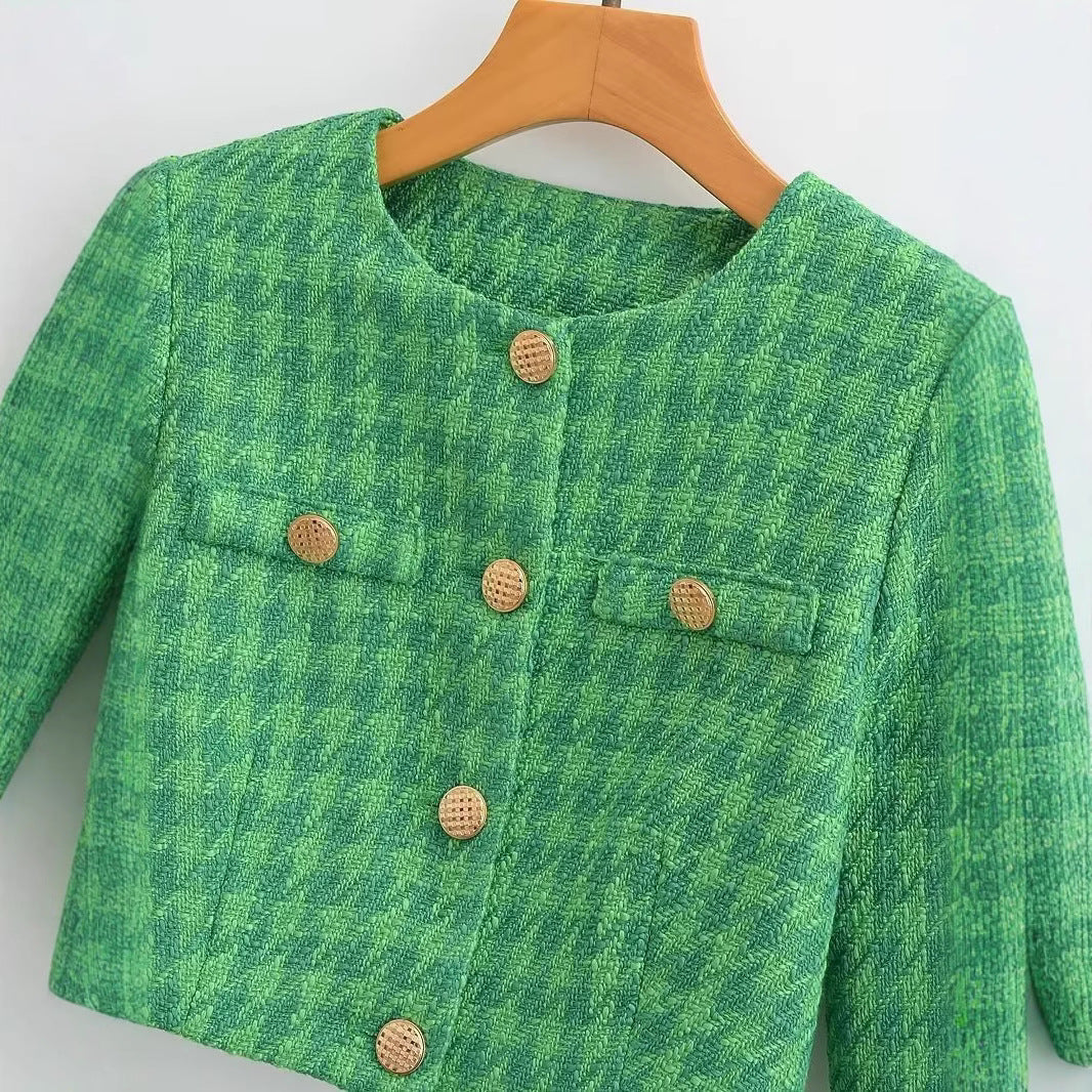 Dame Kort Boucle Jakke med Elegant Rutete Mønster Skjora