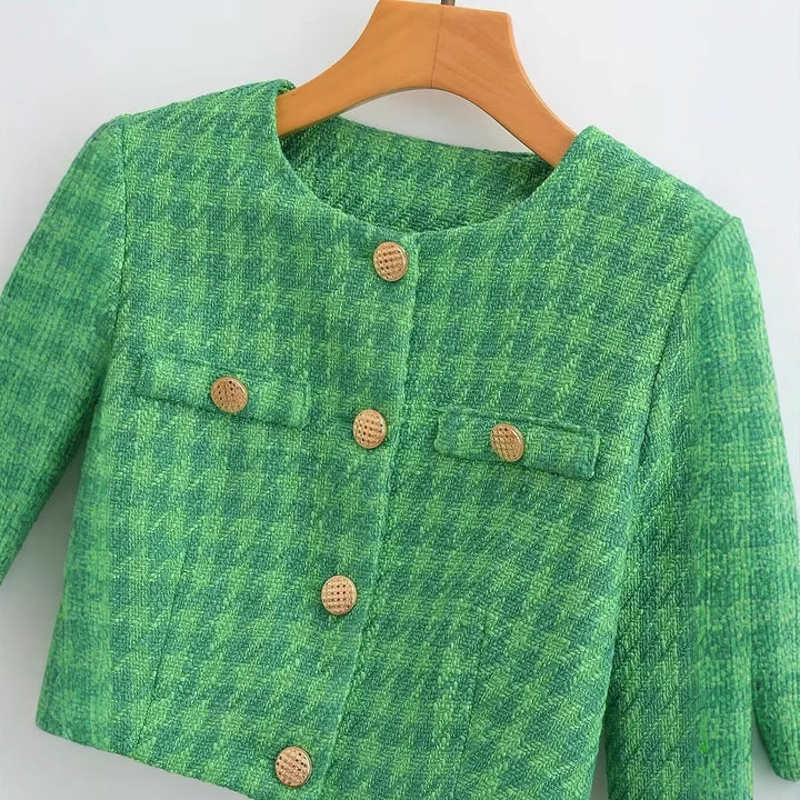 Dame Kort Boucle Jakke med Elegant Rutete Mønster Skjora