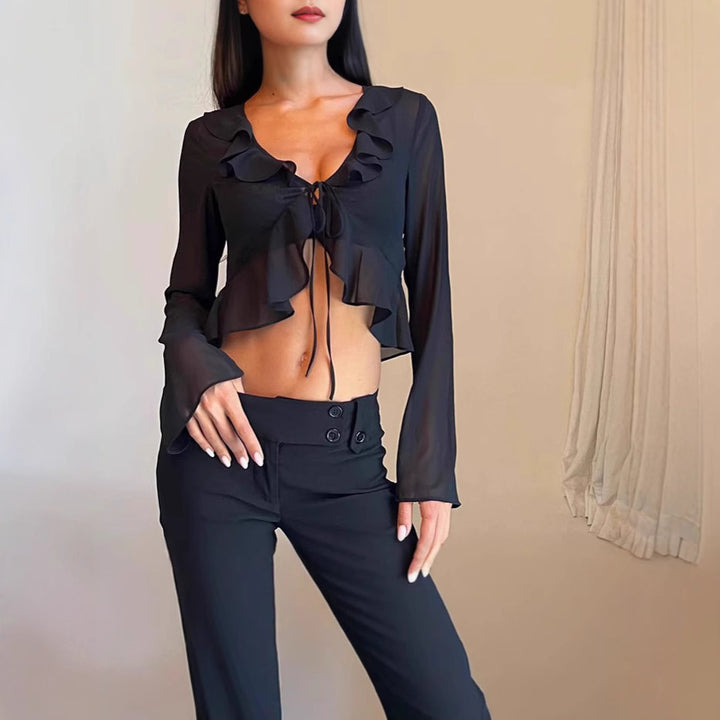 Damer Transparent Langermet Bluse med Volanger og Bindebelte Skjora