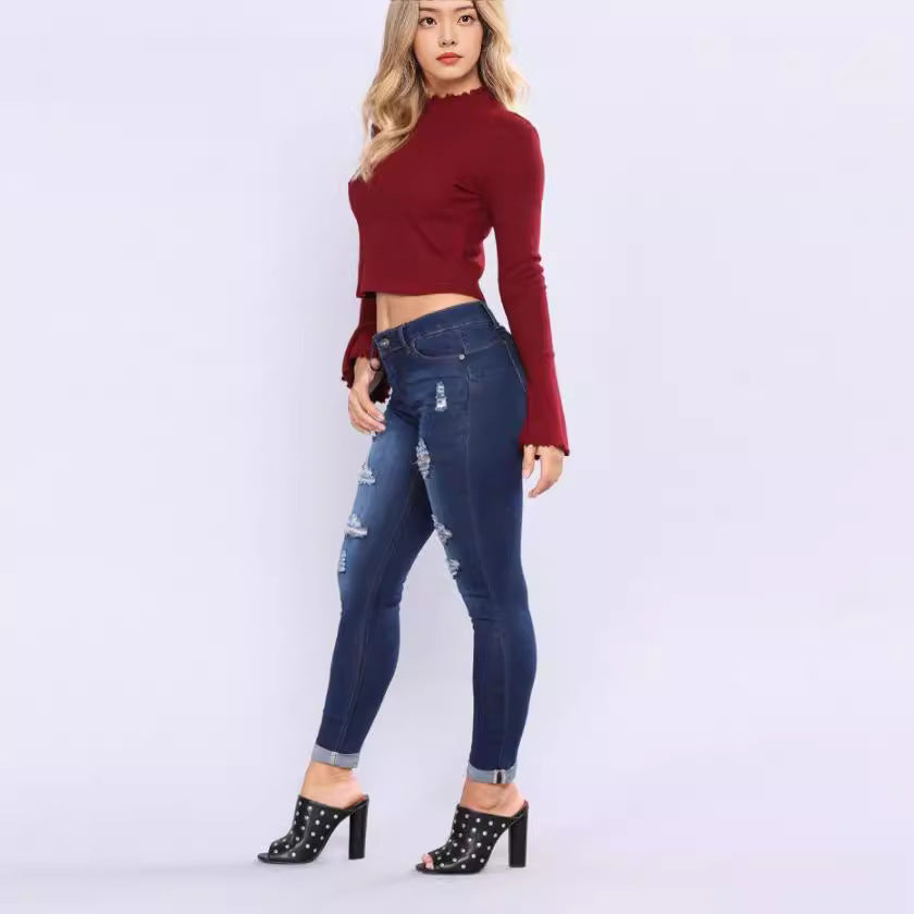 Dame Slim-Fit Jeans med trendy Zdestroyed-detaljer Skjora