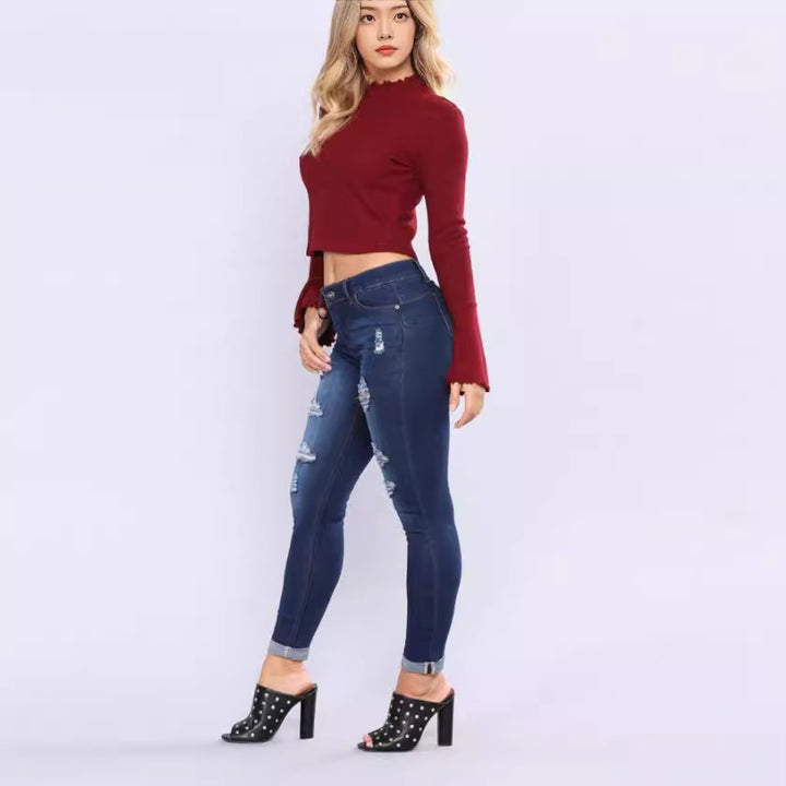 Dame Slim-Fit Jeans med trendy Zdestroyed-detaljer Skjora