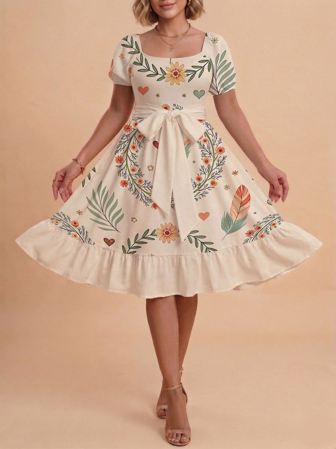 Damen Verspieltes Maxikleid mit Bärenmuster und taillierbarem Band Skjora