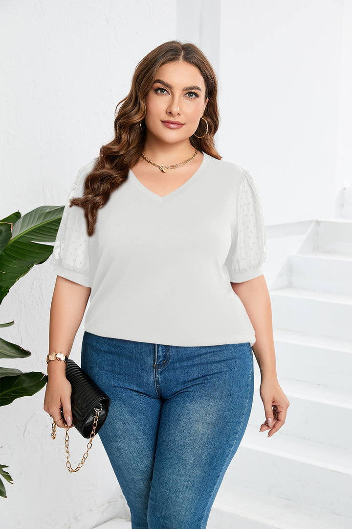 Dame elegant bluse skjorte med transparente puff ermer og V-hals Skjora
