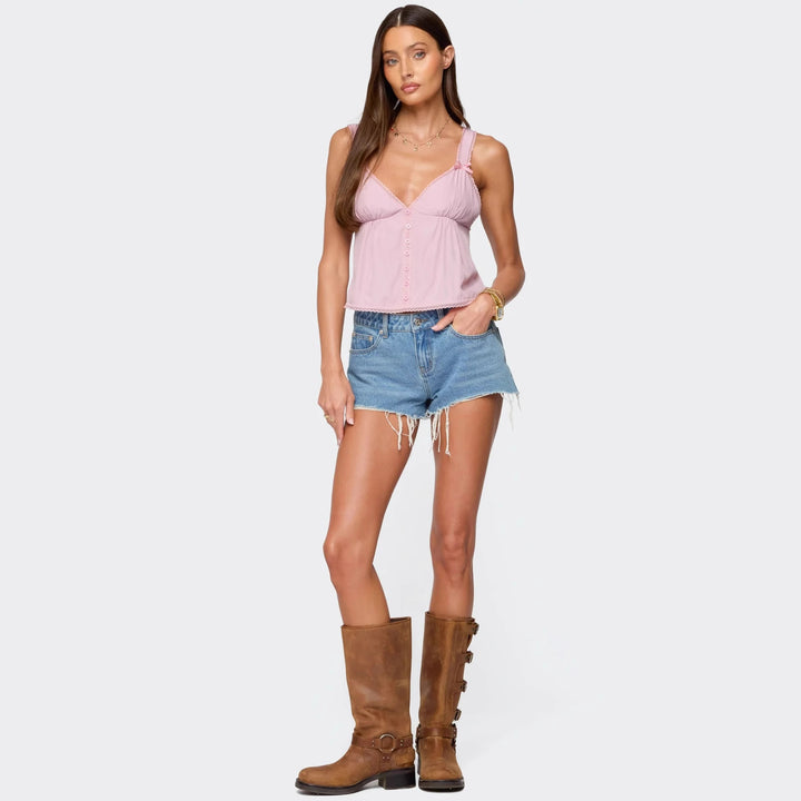 Damen Crop-Top aus feiner Baumwolle mit dekorativen Knopfdetails Skjora