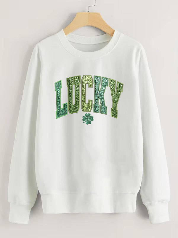 Dame uformell sweatshirt med glitrende skrift og firkløvermotiv Skjora