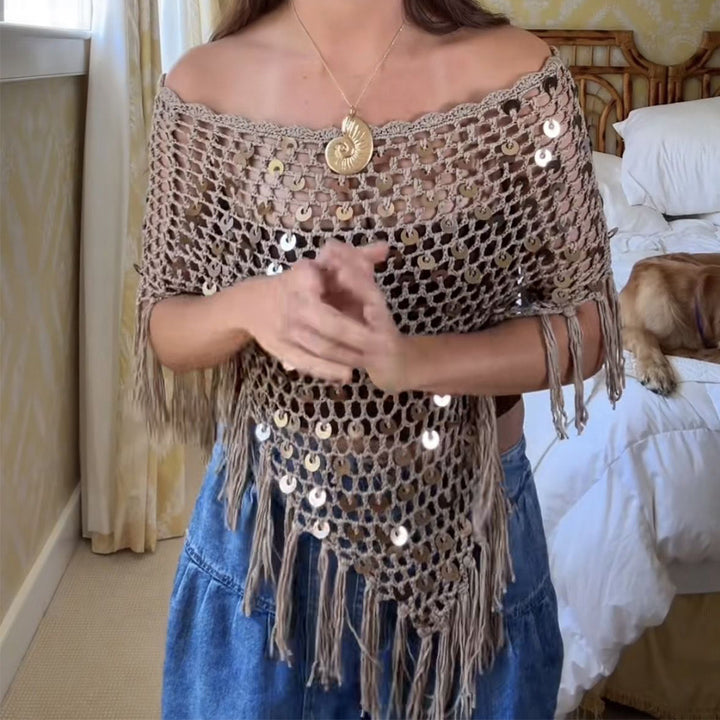 Damen dekorativer Spitzen-Poncho mit eleganten Pailletten und Fransen Skjora