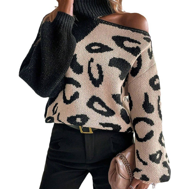 Dame strikkegenser med trendy leopardmønster og høy krage Skjora