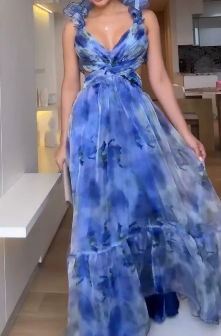 Women's maxi dress with floral ruffles and a flowing design