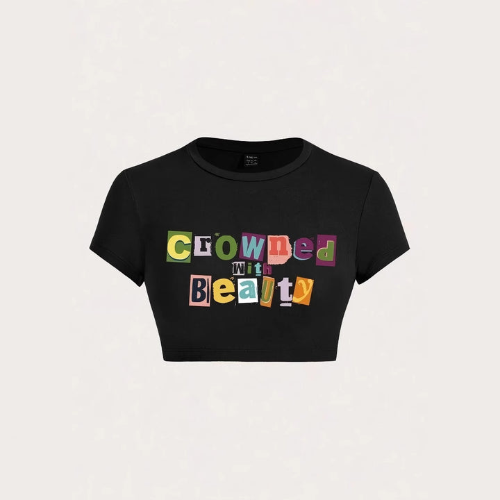 Dame Crop-T-skjorte med kreativt uforglemmelig statement Skjora