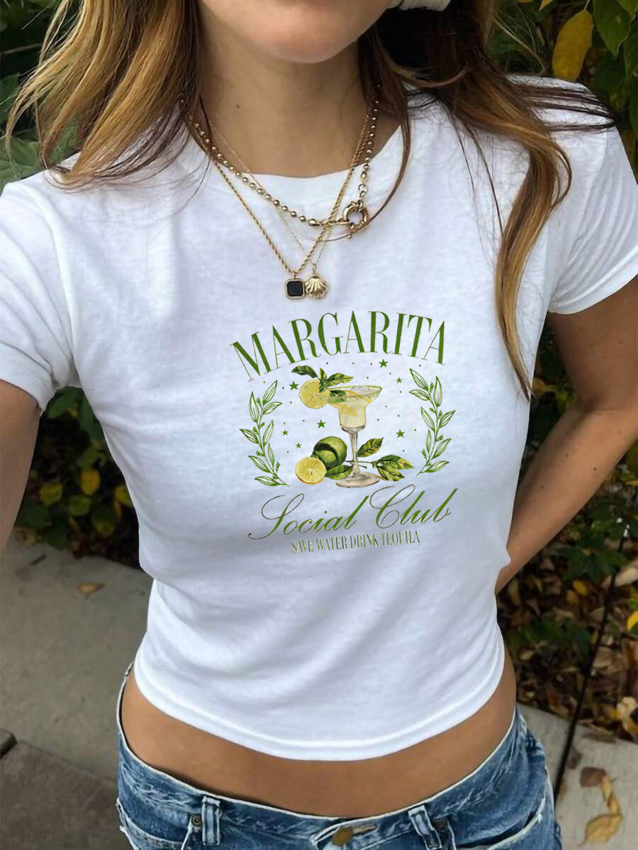 Dame Crop-T-skjorte med kreativ cocktail-design Skjora