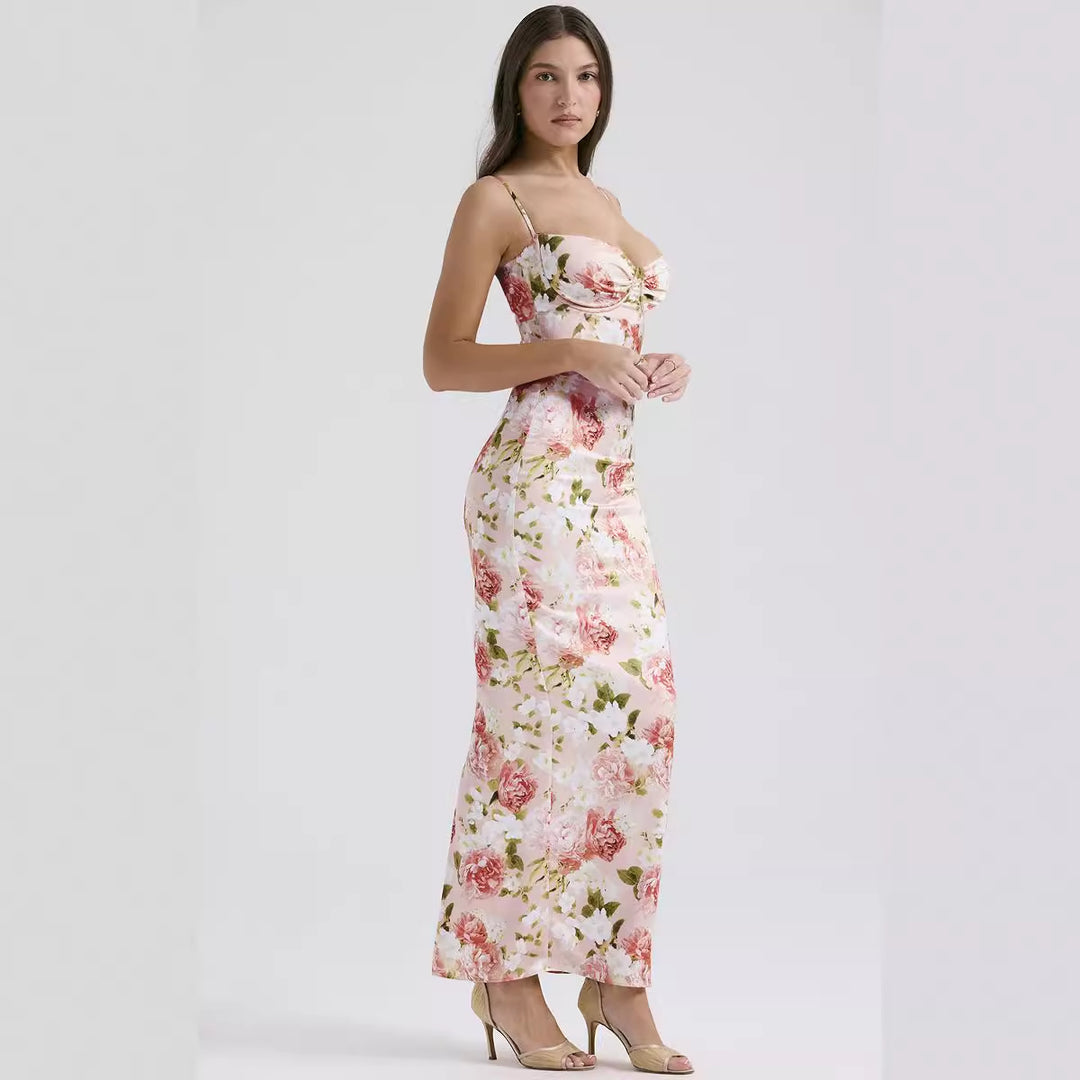 Kvinne Bodycon Maxi Kjole med Blomsterdetaljer og Justerbare Spaghettistropper