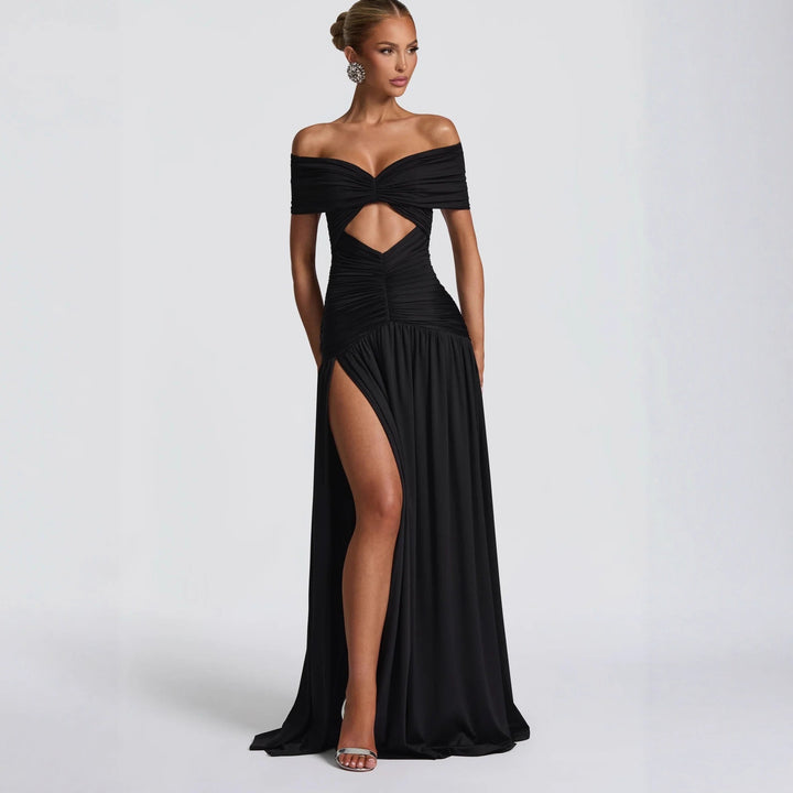 Dame Off-Shoulder Maxikjole med Cut-Out og Faltedrapering Skjora