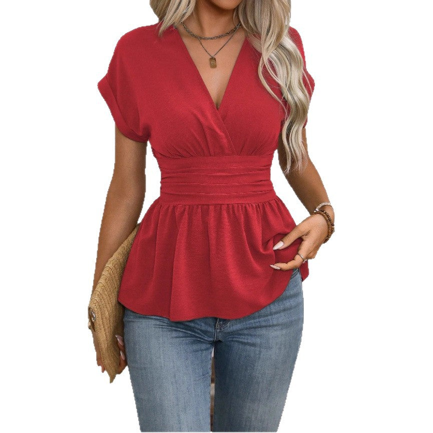 Dame Peplum-bluse med V-hals og belte i midjen Skjora