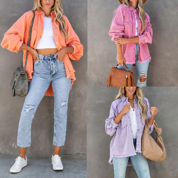 Damer Oversized Denim Skjortejakke med Råkant Detalj Skjora