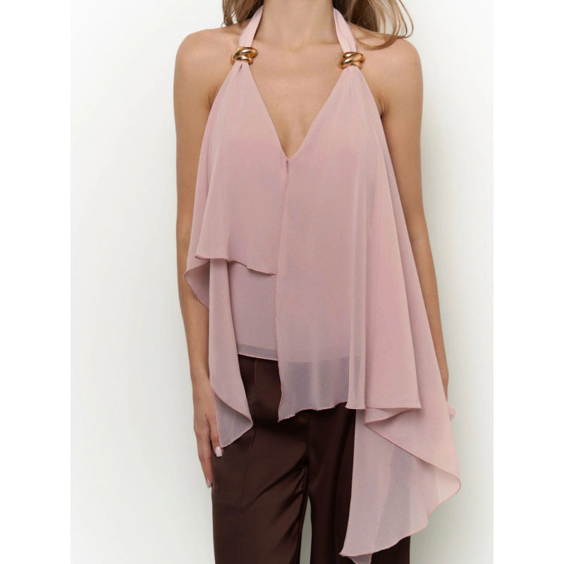 Dame chiffonbluse med asymmetrisk snitt og glansdetaljer Skjora