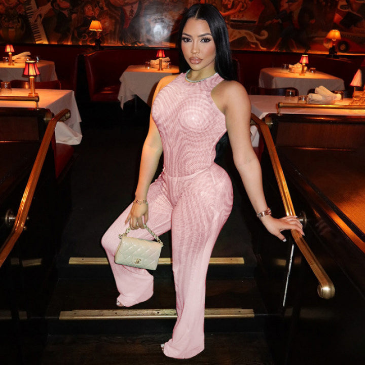Dame Elegant Mesh Jumpsuit med Racerback og tettsittende silhuett Skjora