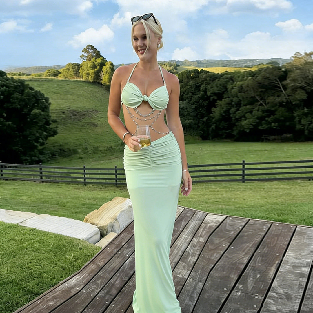 Dame Elegant Strandkjole med Rynker og delikat Halterneck Skjora