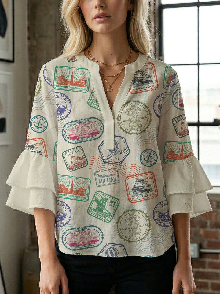 Damen modisches Oberteil mit Rüschendetails und kreativem Muster Skjora