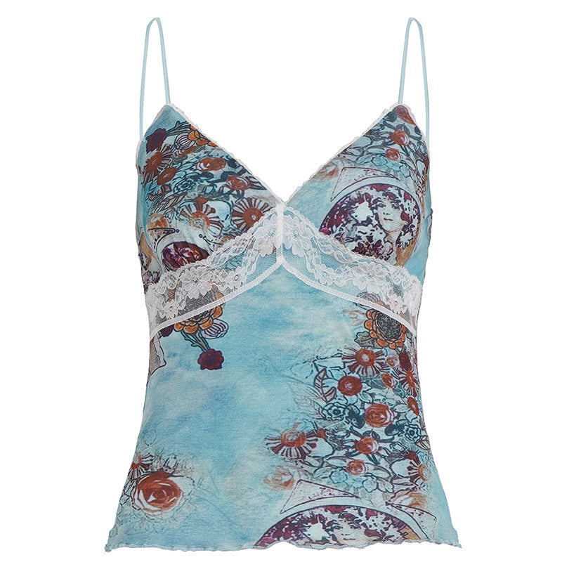 Dame spiss-camisole med blomstermønster Skjora