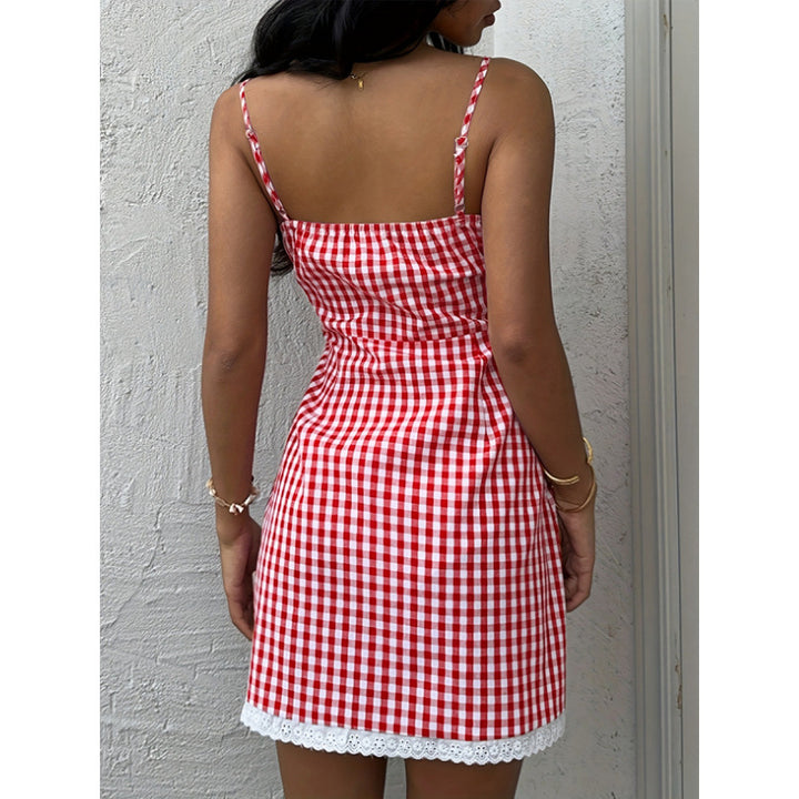 Damer Sommer Vichykjole med snøring og blondekant Skjora