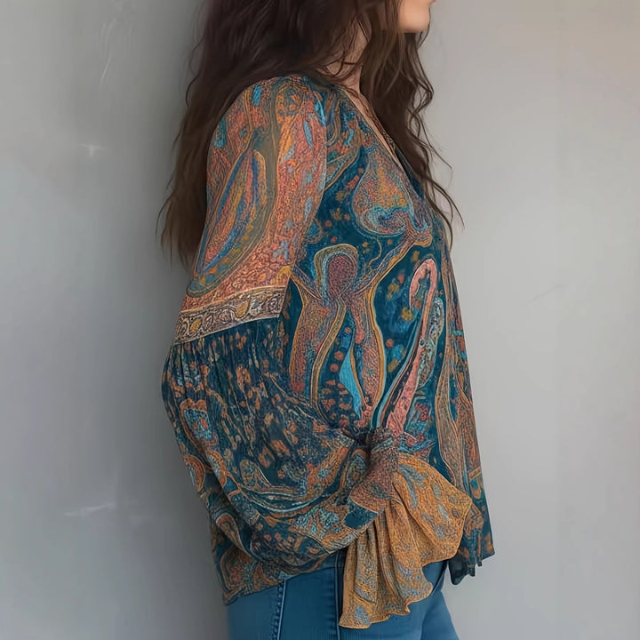Dame Boho-Chic Bluse med flammet ermer og V-hals Skjora