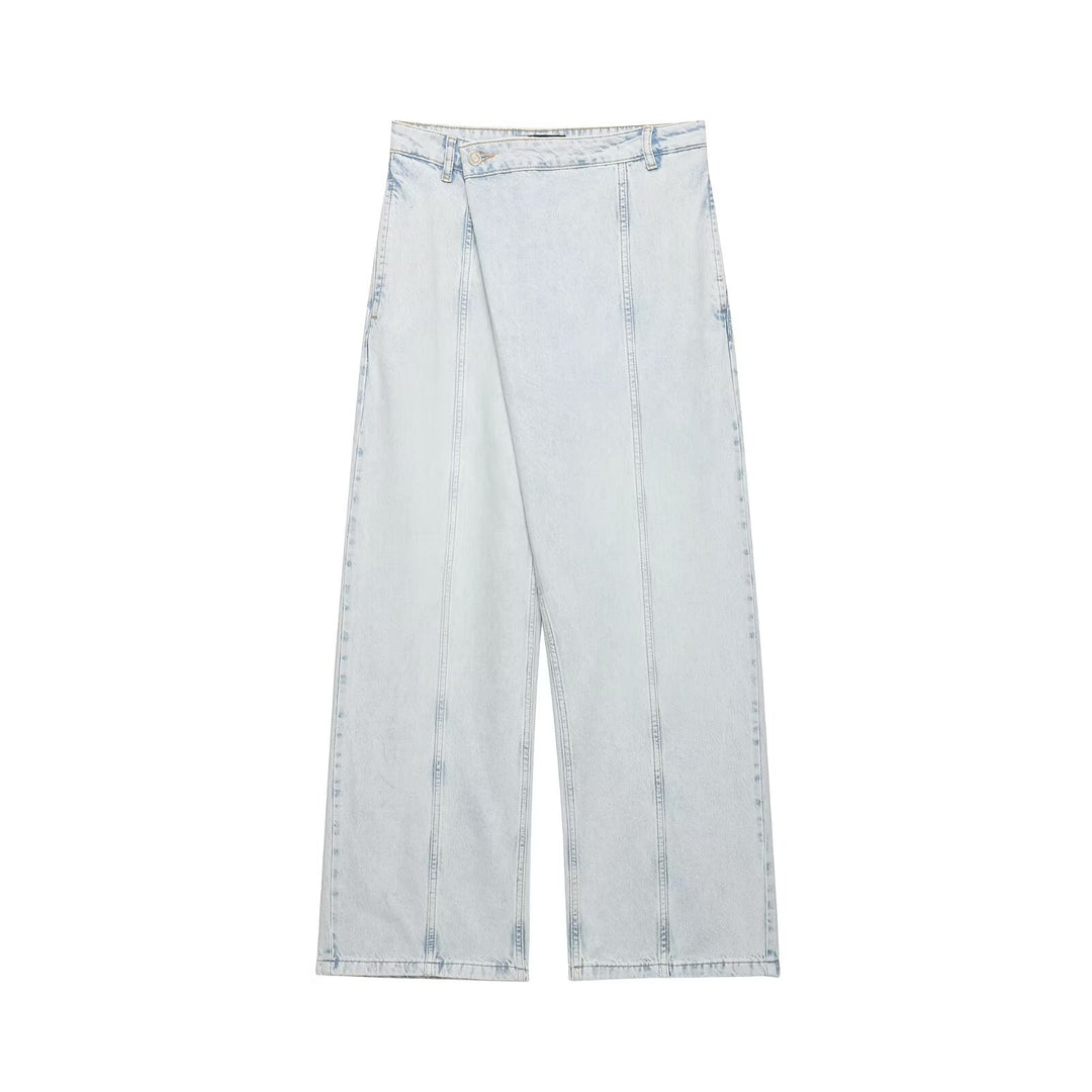 Dame vidde denim-bukser med høy midje og asymmetrisk snitt Skjora