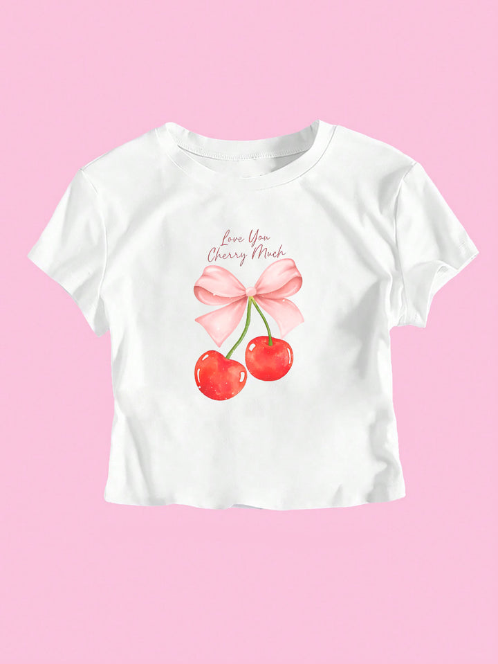 Dame Crop-Top med glatt kirsebærmotiv og sløyfeprint Skjora