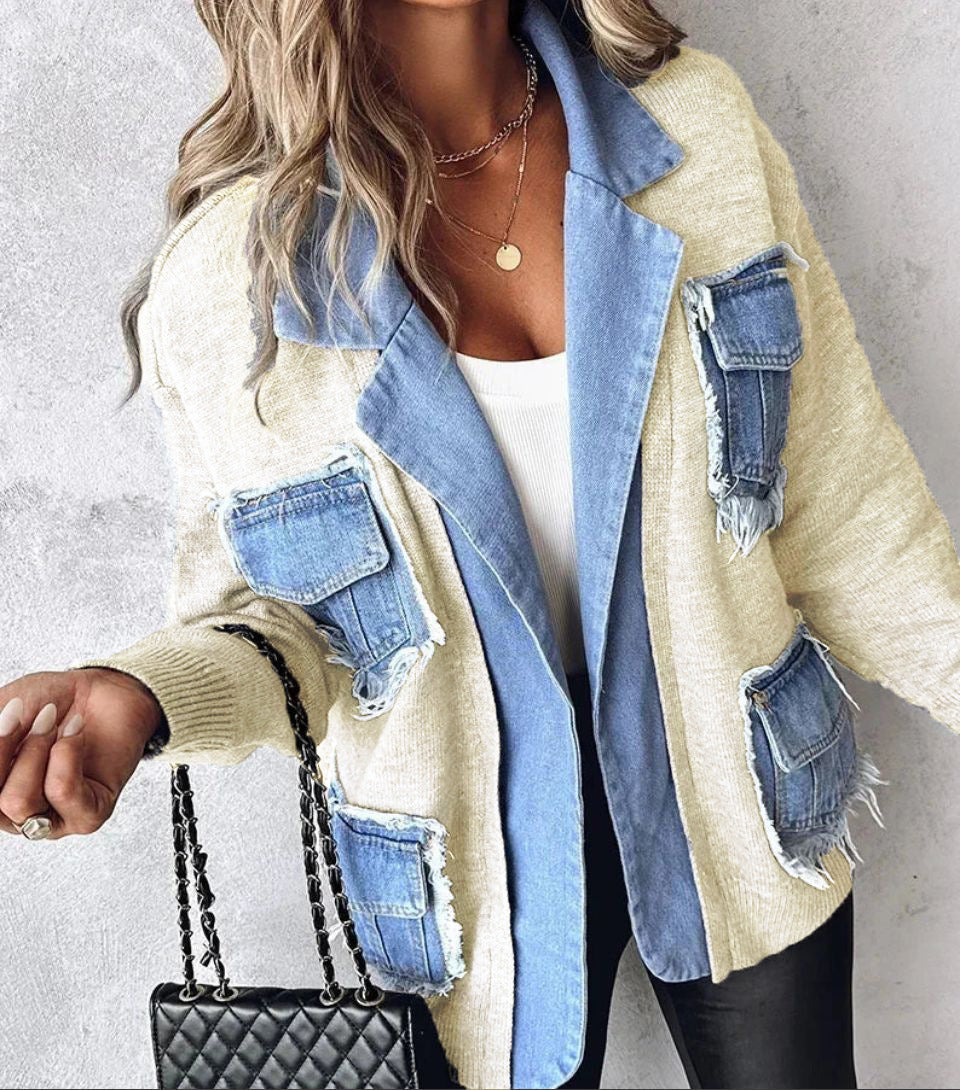 Kvinnelig casual cardigan med to brystlommer og detaljvennlig denim Skjora