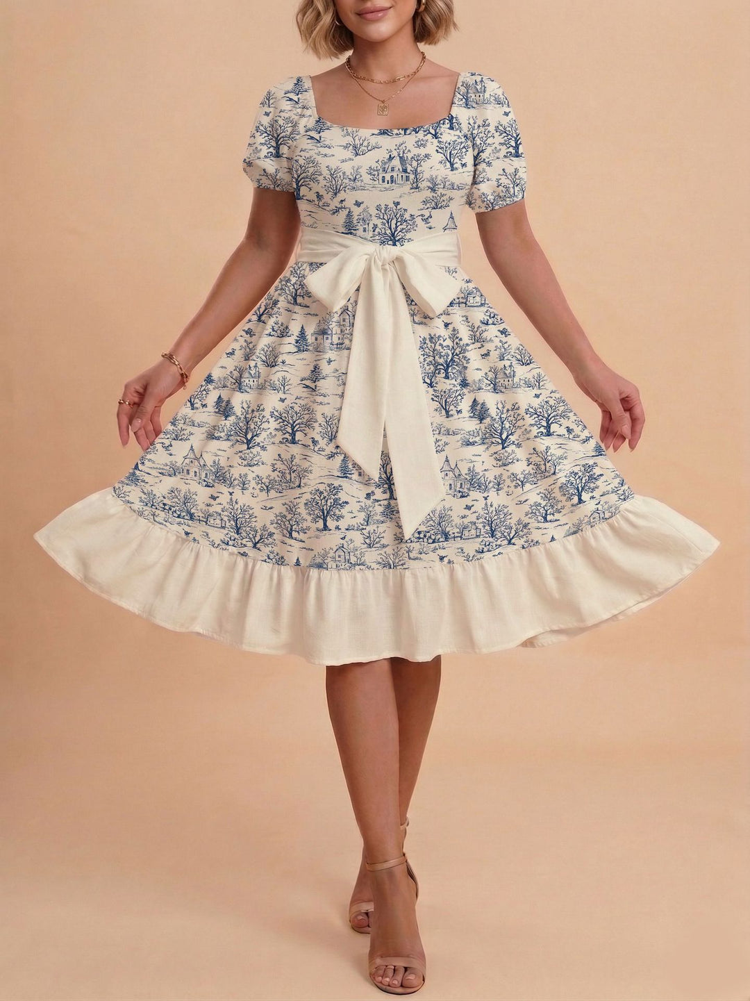 Damen Retro Maxikleid mit Puffärmeln und Taillengürtel Skjora