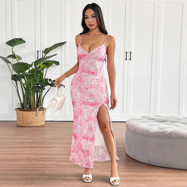 Damer elegant Maxikjole med blomsterdesign og sideløsning Skjora