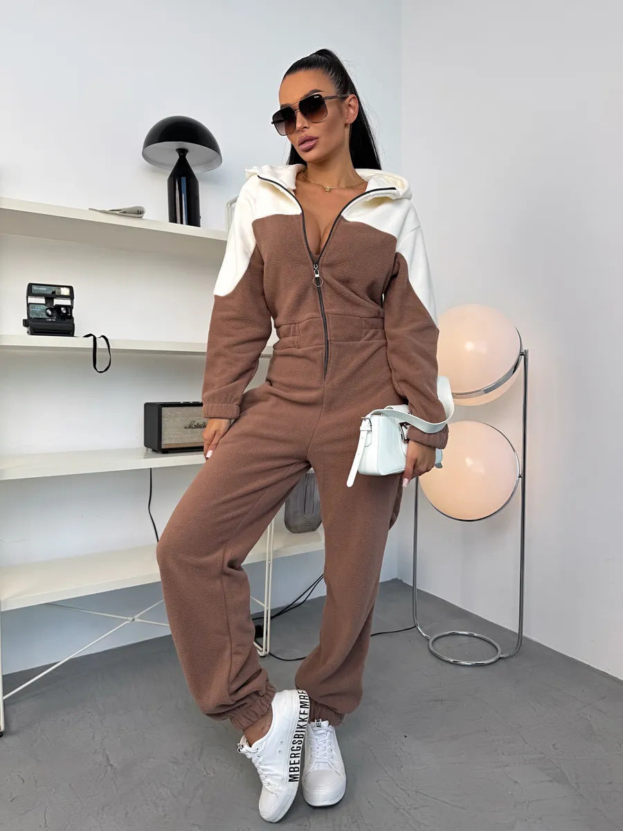 Kvinnes Casual Fleece Overall med Elegant Glidelås og Hette Skjora