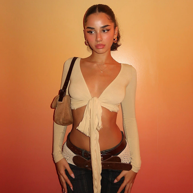 Dame Crop-Top med lekent knytebånd og lange ermer Skjora