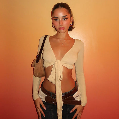 Dame Crop-Top med lekent knytebånd og lange ermer Skjora
