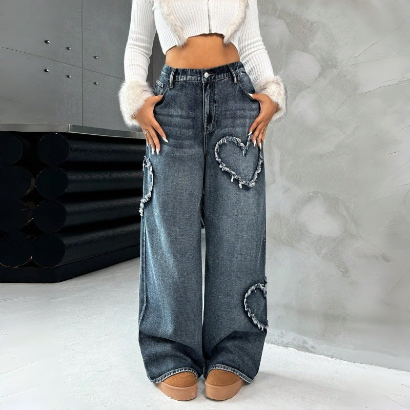 Dame Loose Jeans med hjertebroderi og avslappet snitt Skjora